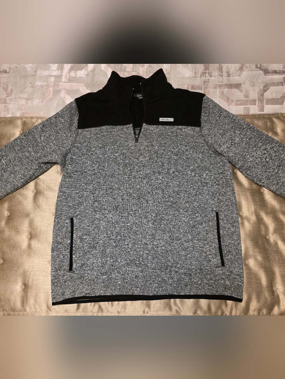 Eddie Bauer Men's Gray Black 1/4 Zip Sweater Mock Neck Long Sleeve Size L/G